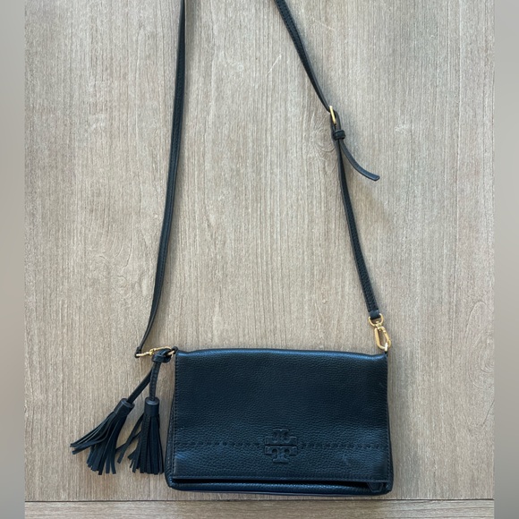 TORY BURCH Black Leather Fold Over Crossbody bag - Picture 2 of 8